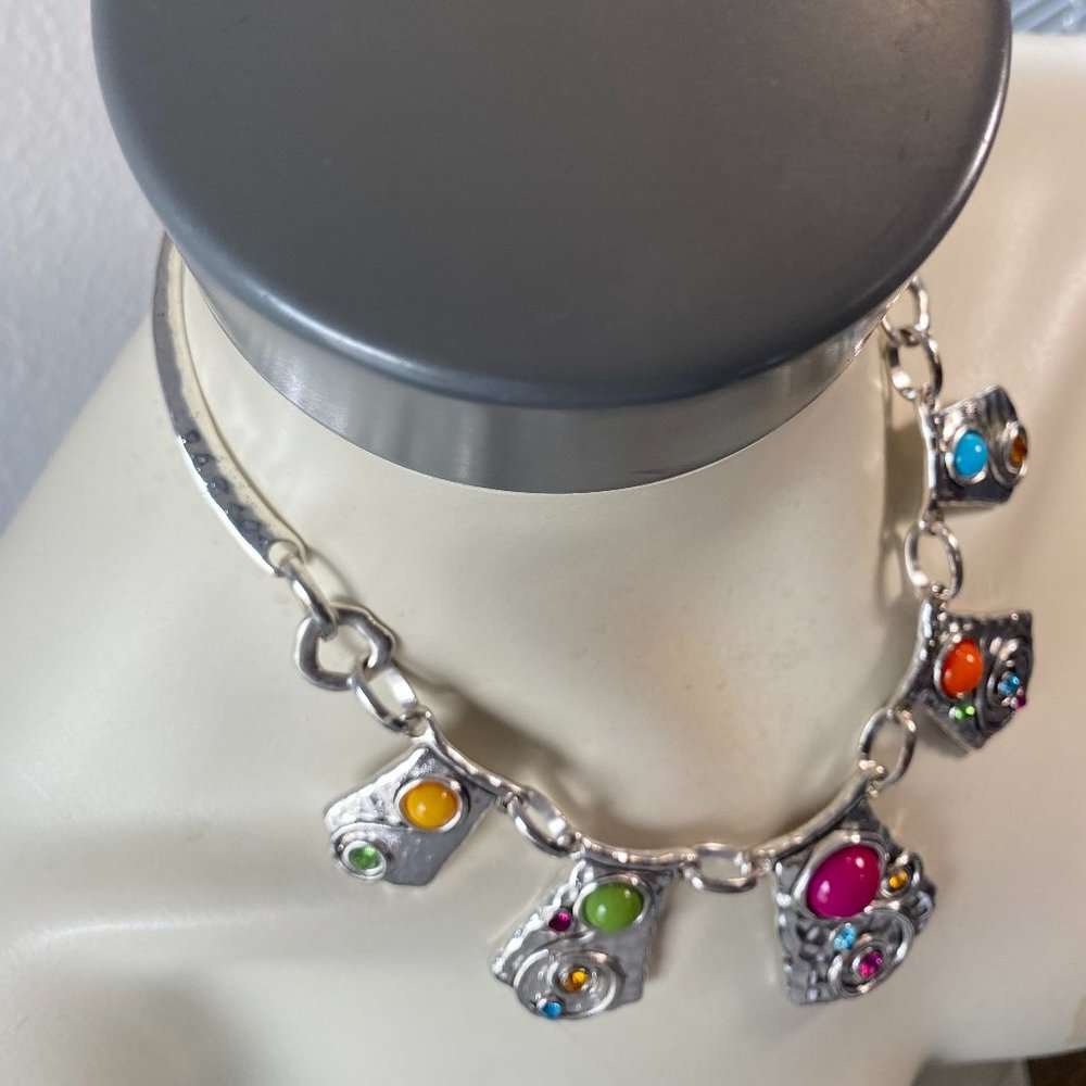 Women Necklace Flat silver tone square shape hammered chokers with beads 19" inc - Picture 5 of 5